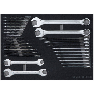 Sada dvojitých otevřených a očkoplochých klíčů 28 ks ve vložce do dílenského vozíku