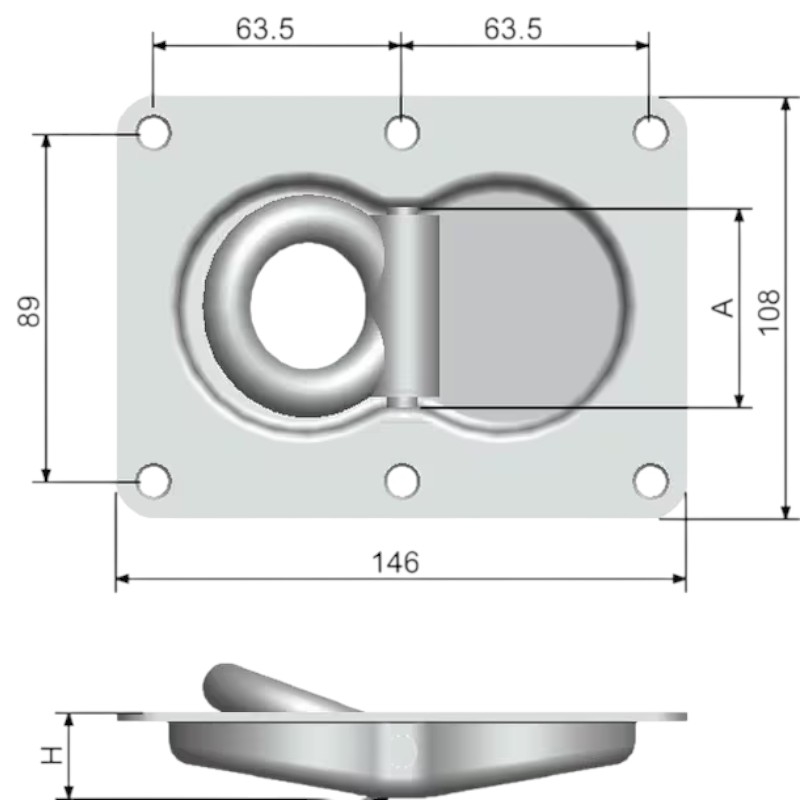 Pozinkovaná kotevní miska o rozměru 146 × 108 mm s oboustranně výklopným okem