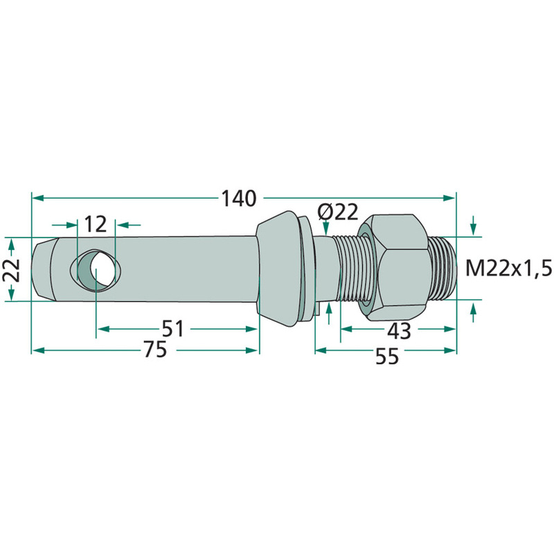 Čep o průměru 22 mm pro spodní ramena traktoru se závitem M22 x 1,5 o délce 140 mm 