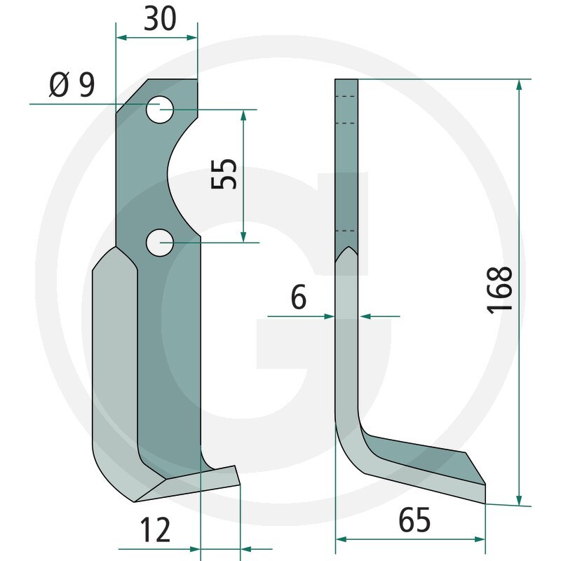 Frézovací ohlý levý nůž o rozměru 168 x 65 mm pro půdní frézy Bertolini
