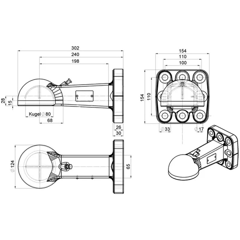 Tažná hubice K80 Scharmüller s příruba 110 x 100 mm s 8 díry na přívěs za traktor