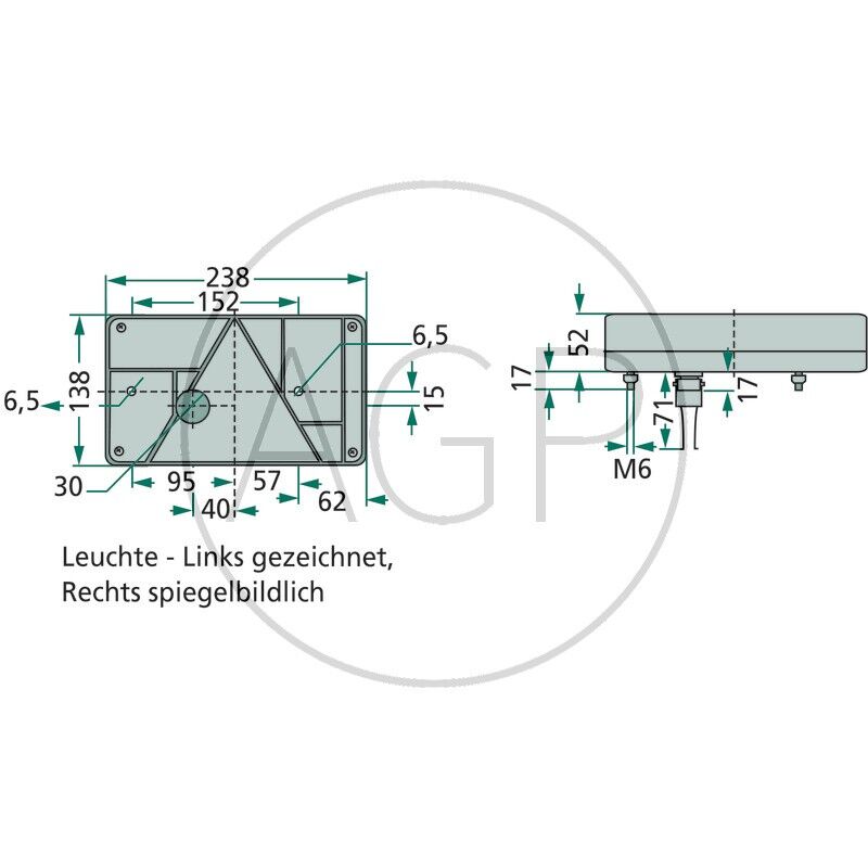 Zadní světlo o rozměru 238 x 138 x 52 mm