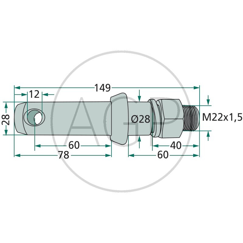 Čep o průměru 28 mm kategorie 2 se závit M22 pro spodní ramena tříbodového závěsu na traktor