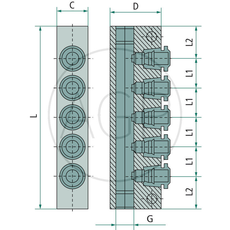 B-VT-5x6-2x1/4-AL Rozdělovací blok