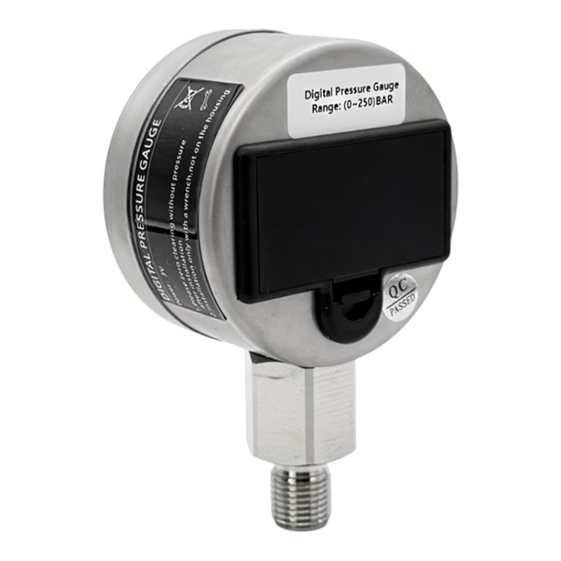 Digitální manometr 0–250 bar o průměru 60 mm se spodním přípojem G 1/4 BSP 