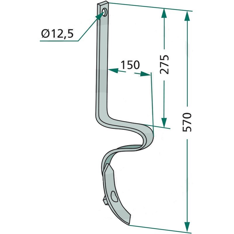 Pero s hrotem pro kypřiče na secí stroje Amazone o celkové délce pera 570 mm a rozměru čtyřhranu 32 x 10 mm