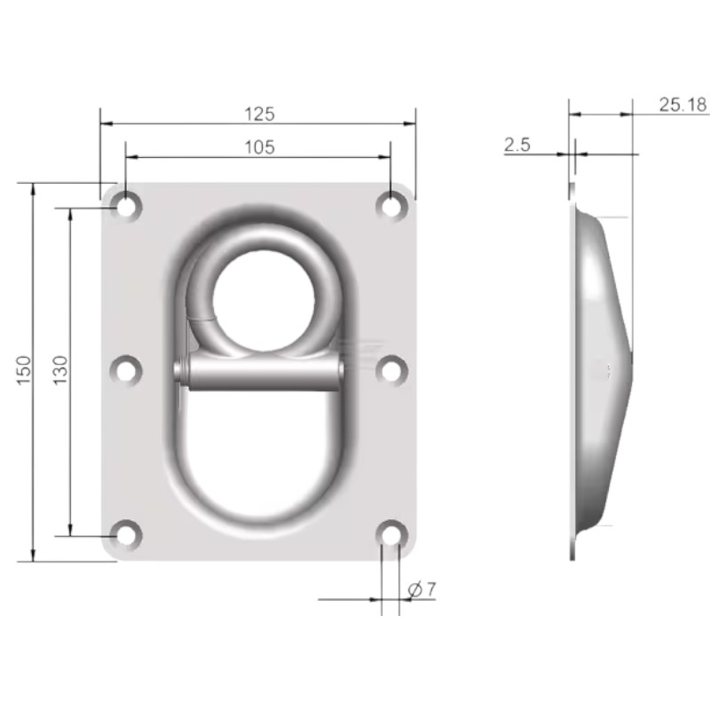 Pozinkovaná zapuštěná kotvící miska o rozměru 150 × 125 mm s vratnou pružinou na oku