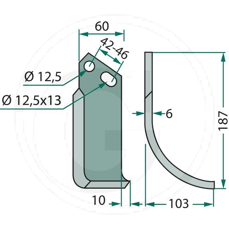 Frézovací zahnutý klenutý nůž rotavátoru Goldoni o rozměru 187 x 103 x 60 x 6 mm
