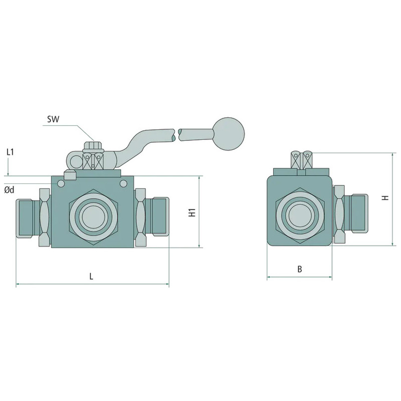 Hydraulický třícestný kulový kohout DN8 se závitem M16x1,5 a s L vrtáním 