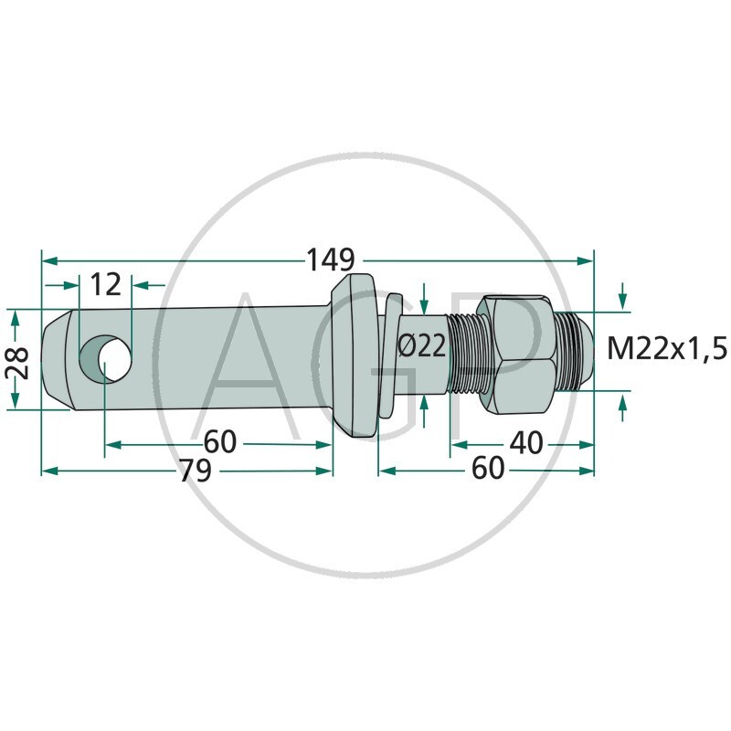 Kolík kat. 2 pro spodní závěs třetího bodu délka 149 mm závit M22 x 1,5