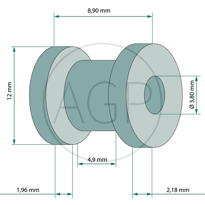 Závit oka o délce 8,9 mm a vnějším průměru 12 mm