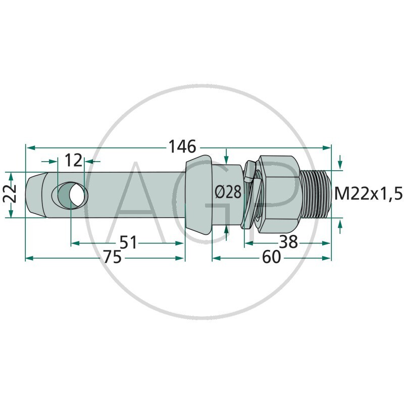 Kolík pro spodní ramena třetího bodu kat. 1 délka 146 mm závit M22 x 1,5