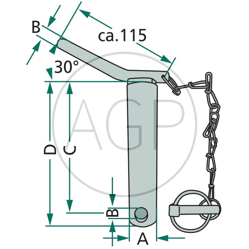 Kolík kat. 3 třetího bodu s řetězem a závlačkou průměr 32 mm délka C=175 mm D=191 mm