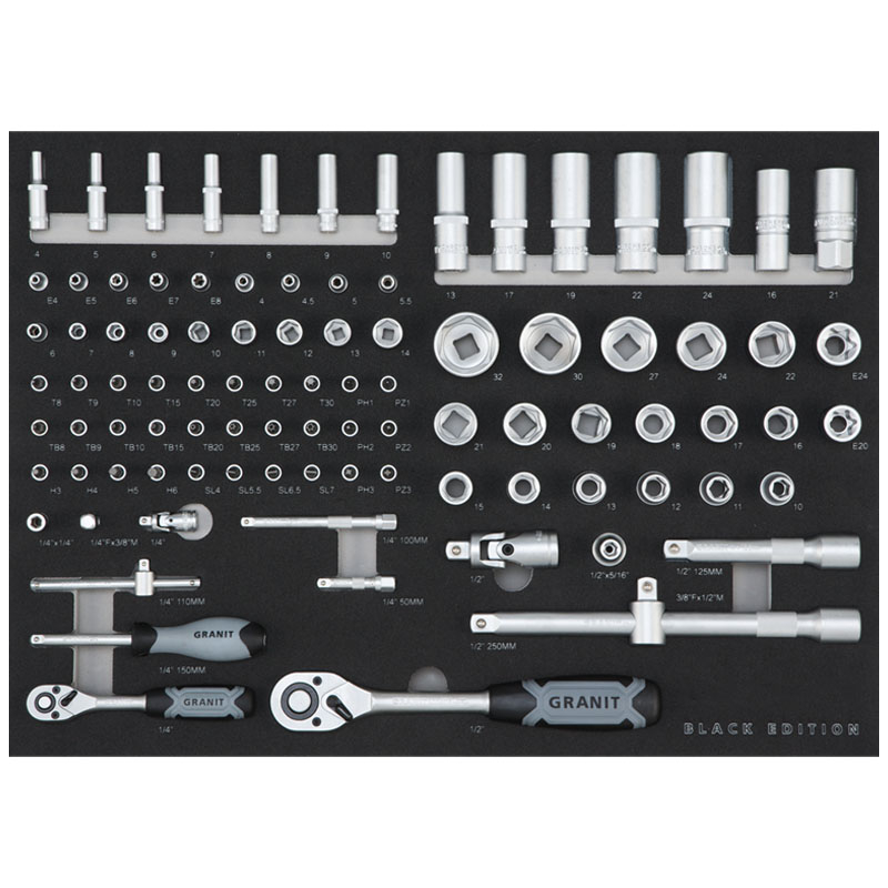 Sada nástrčných hlavic Black Edition s 95 ks dílů o velikostech 1/4 a 1/2 ve vložce do dílenského vozíku
