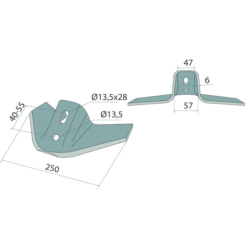 Křídlové ostří o šířce 250 mm a síle 6mm pro kultivátory Kverneland / Rau