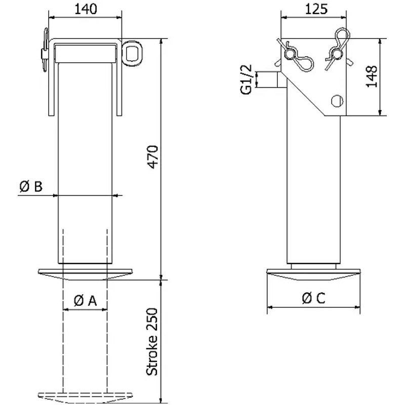 Hydraulická opěrná noha jednočinná na vlek s vratnou pružinou včetně držáku o průměru pístní tyče 65 mm
