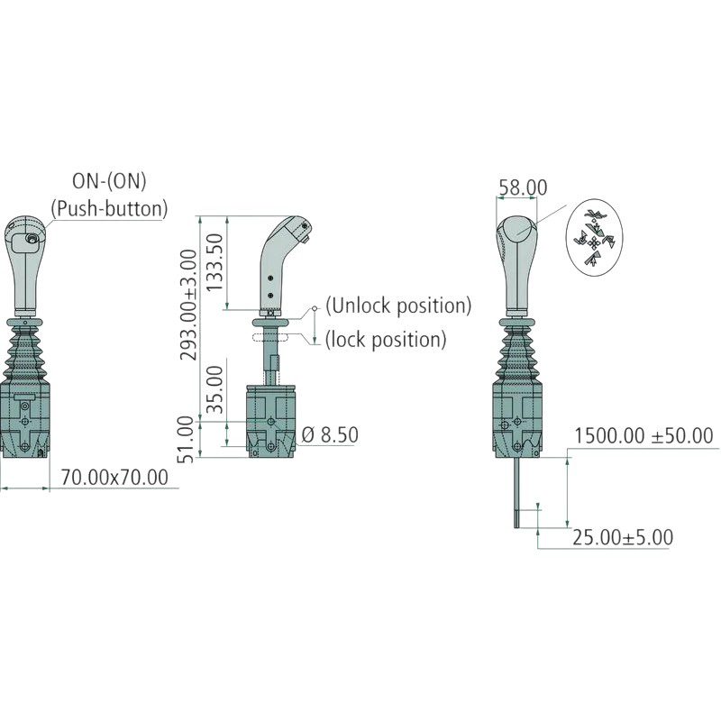 Joystick na lanovody s vidličkou a 1x tlačítkem pro ovládání nakladače