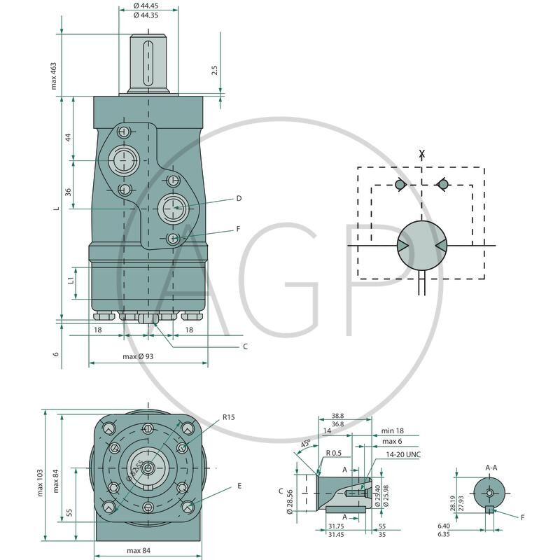 Danfoss hydr. motor OMP 315 s hřídelí 1 se zpětným ventilem