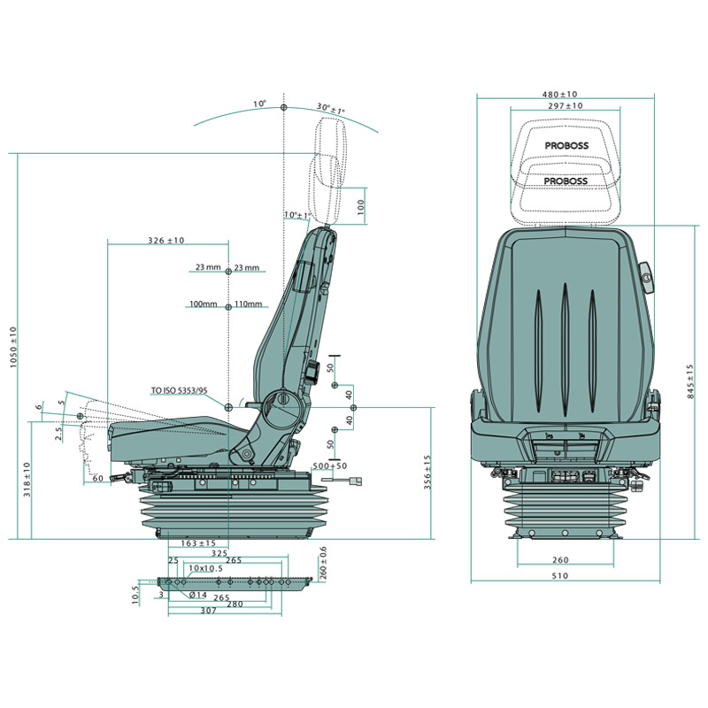 Vzduchové profesionální sedadlo PROBOSS pro stavební stroje s 24V kompresorem, vyhřívání a plně vybaveno