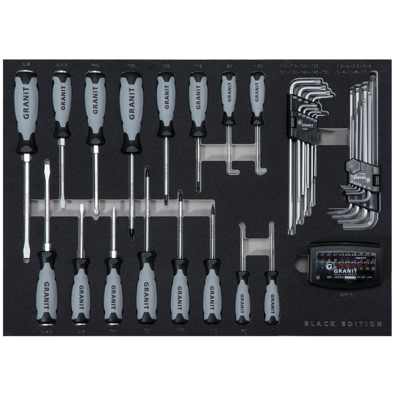 Sada šroubováků, úhlových klíčů, bitů a háčkového nářadí (36 ks) ve vložce do dílenského vozíku 