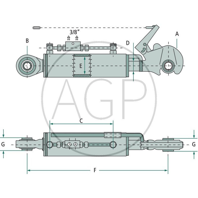 Třetí bod hydraulický kat. 2-2 se záchytným hákem a kulovým kloubem délka 640/920 mm