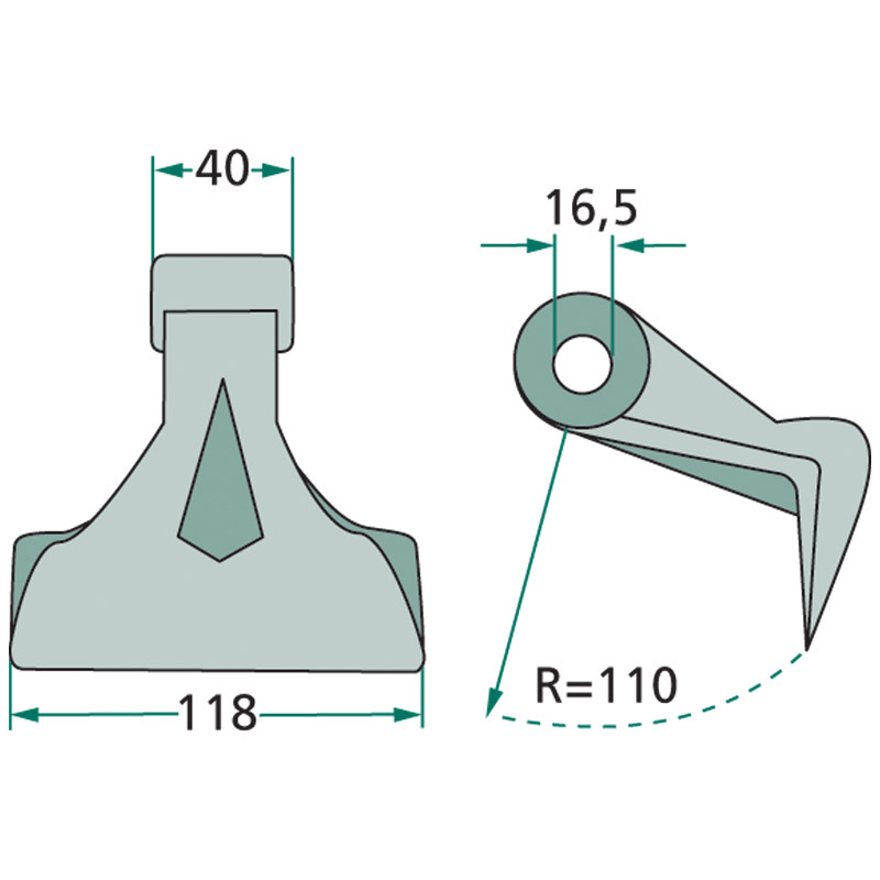 Kladivo mulčovače Maschio, Kverneland, Maletti šířka kladiva 118 mm a průměr montážní díry 16,5 mm