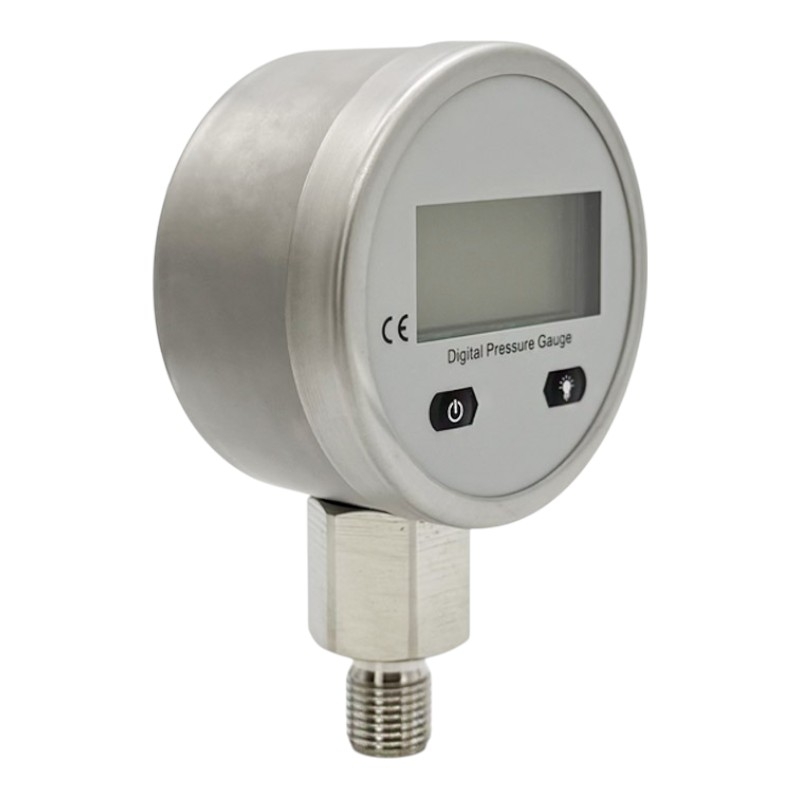 Digitální manometr 0–250 bar o průměru 60 mm se spodním přípojem G 1/4 BSP 