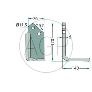 Frézovací nůž levý zahnutý 170 x 140 x 76 x 6 mm vhodný pro Howard půdní frézy, rotavátory